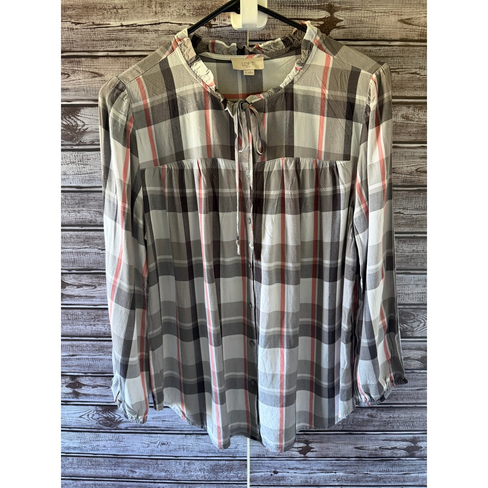 LOFT Outlet Women's Long-Sleeved Button-Down Top Size M Plaid Tie